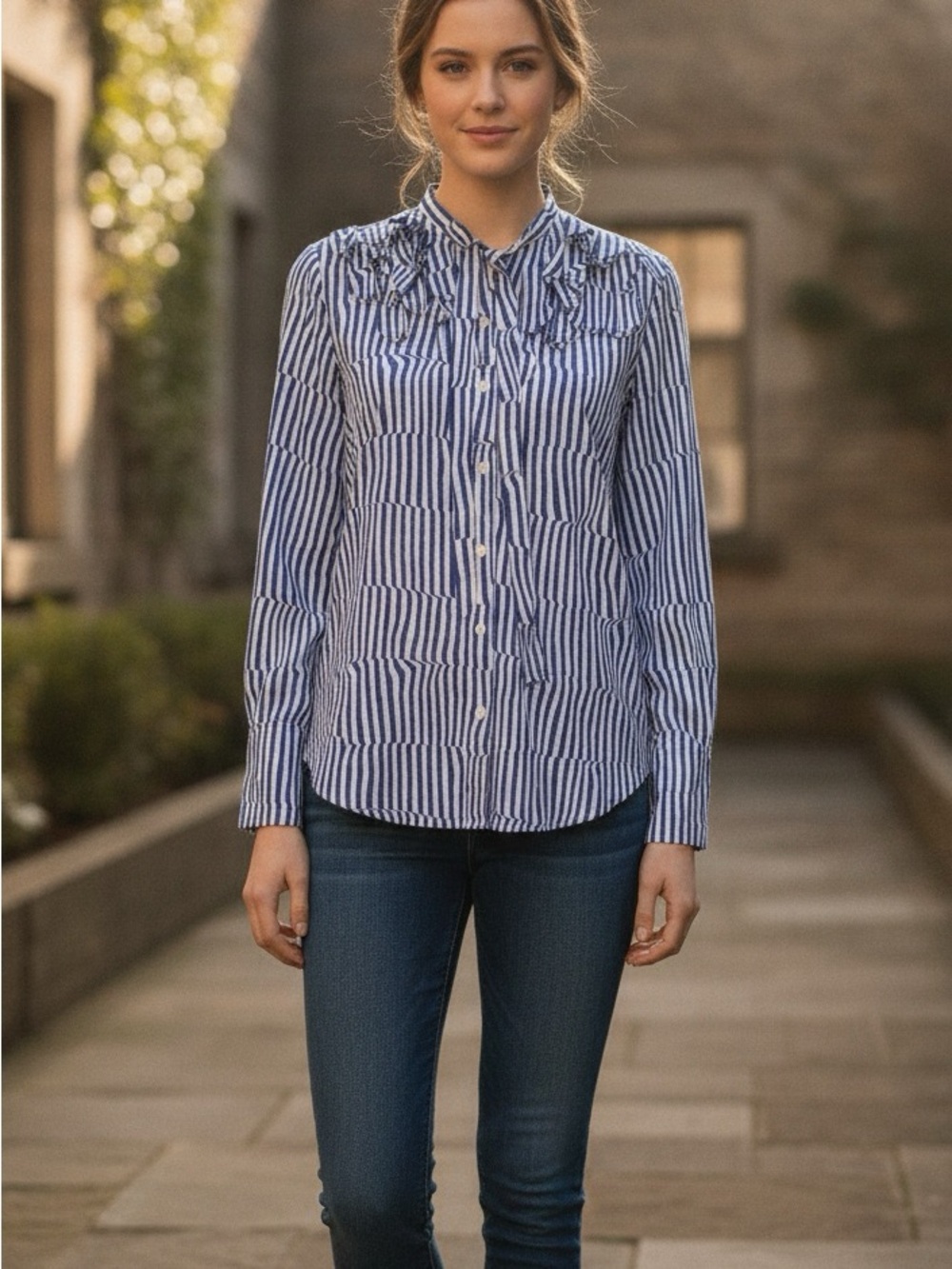 Banana Republic Womens Ruffle Blouse Blue White Stripe Button Front XS